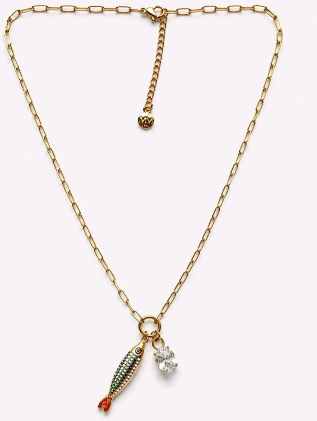 Fish Charm Necklace 18k Gold Plated Stainless Steel Cz Crystal New